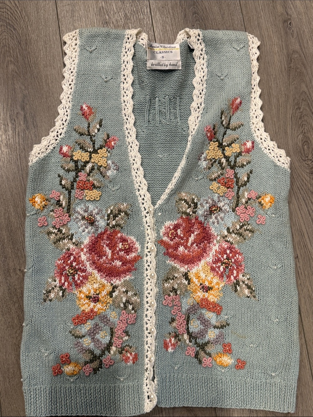 Hand-Knitted Floral Embroidered Sleeveless Sweater Vest - Light Blue